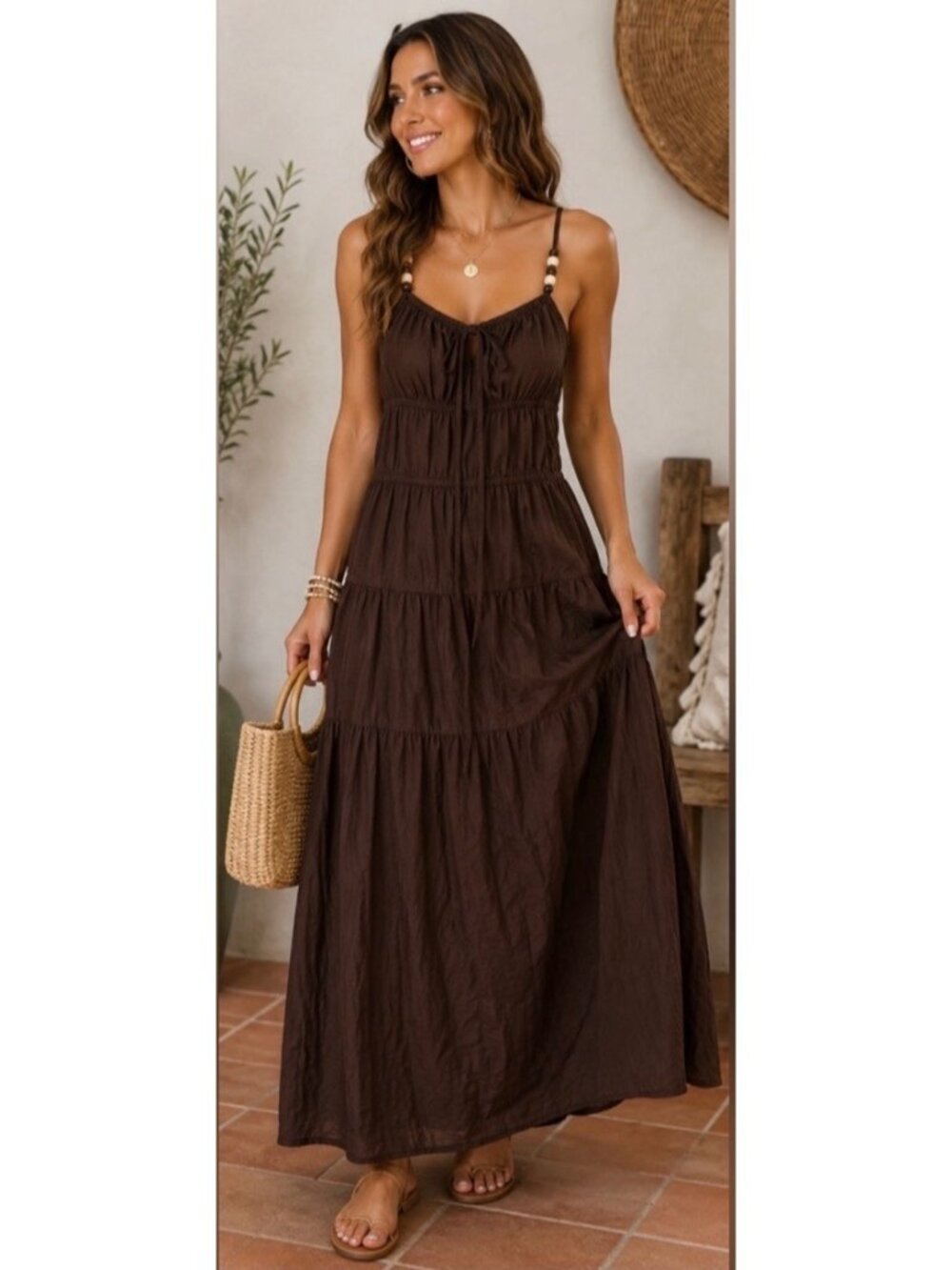 Sim and Sam Milkmaid Poplin Midi Dress Size XS Chocolate Brown Cottagecore Boho
